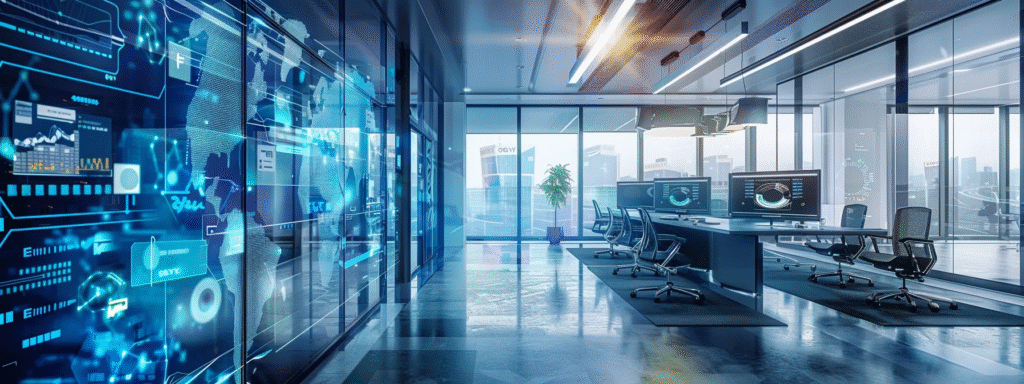 A modern office featuring a large screen and multiple computers, illustrating digital transformation challenges with AI technologies.