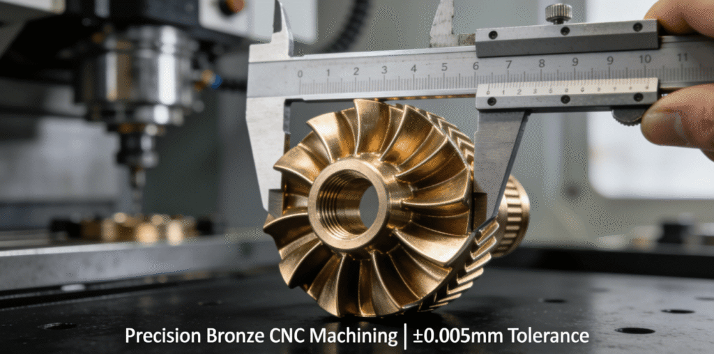 Close-up of a high-precision bronze impeller part being measured with a micrometer, showcasing flawless surface finish and tight tolerances achieved through advanced CNC machining.