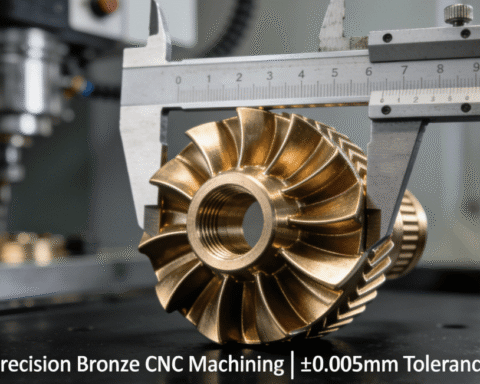 Close-up of a high-precision bronze impeller part being measured with a micrometer, showcasing flawless surface finish and tight tolerances achieved through advanced CNC machining.