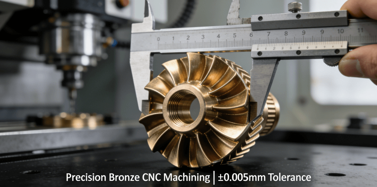 Close-up of a high-precision bronze impeller part being measured with a micrometer, showcasing flawless surface finish and tight tolerances achieved through advanced CNC machining.