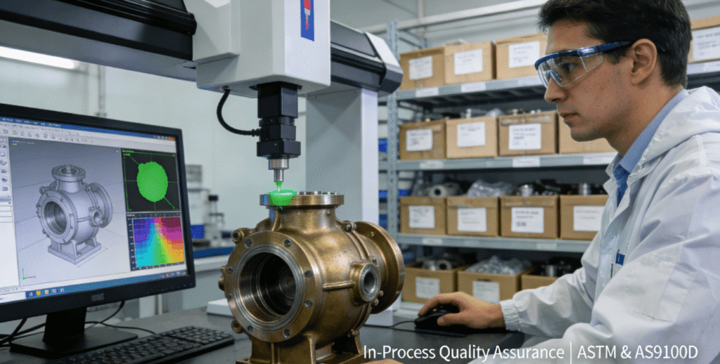 Quality control engineer performing a dimensional inspection on a bronze pump housing using a Coordinate Measuring Machine (CMM) in a modern manufacturing facility.