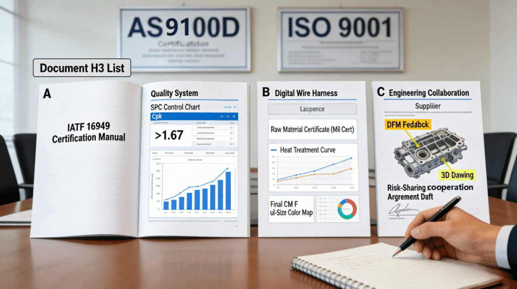  A close-up of a supplier audit meeting table. Three key evidence dossiers are displayed: an IATF 16949 manual with live SPC charts, a complete digital thread from material certs to CMM reports, and a 3D drawing with collaborative DFM annotations. An auditor's hand points to the traceability data, assessing true capability beyond the machine list.
