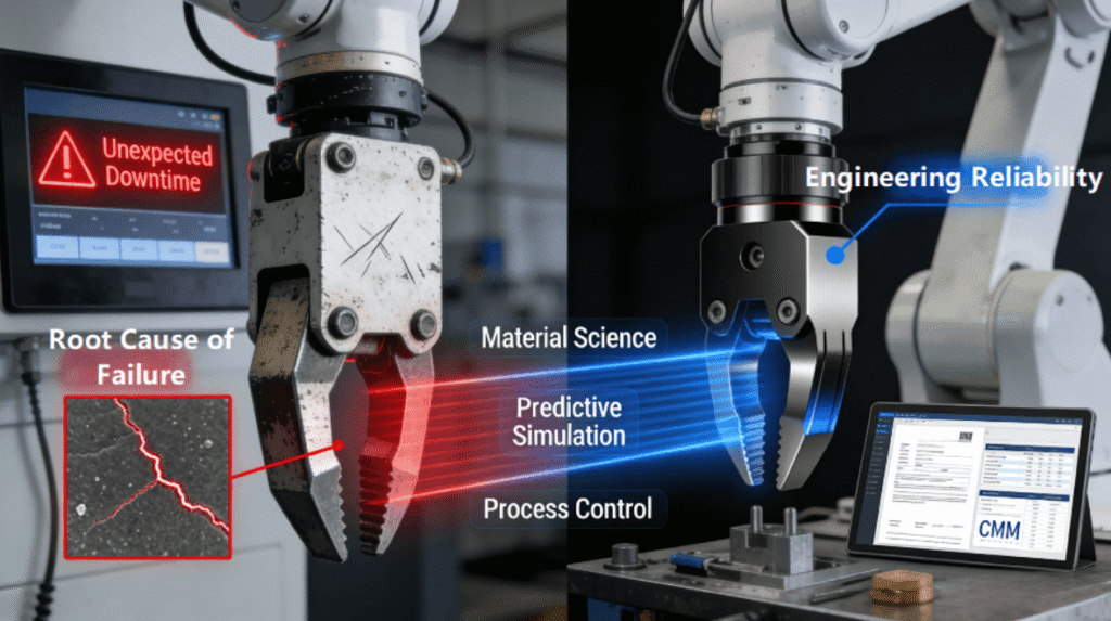 A dramatic split-scene photo in an automated factory. On the left, a robot arm holds a worn, standard gripper jaw with a red beam highlighting a microscopic crack, next to a downtime alarm. On the right, the same arm holds a new, precision-machined jaw with a DLC coating, emitting a blue beam overlaid with keywords like Material Science and Process Control, symbolizing engineered reliability.