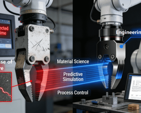 A dramatic split-scene photo in an automated factory. On the left, a robot arm holds a worn, standard gripper jaw with a red beam highlighting a microscopic crack, next to a downtime alarm. On the right, the same arm holds a new, precision-machined jaw with a DLC coating, emitting a blue beam overlaid with keywords like Material Science and Process Control, symbolizing engineered reliability.