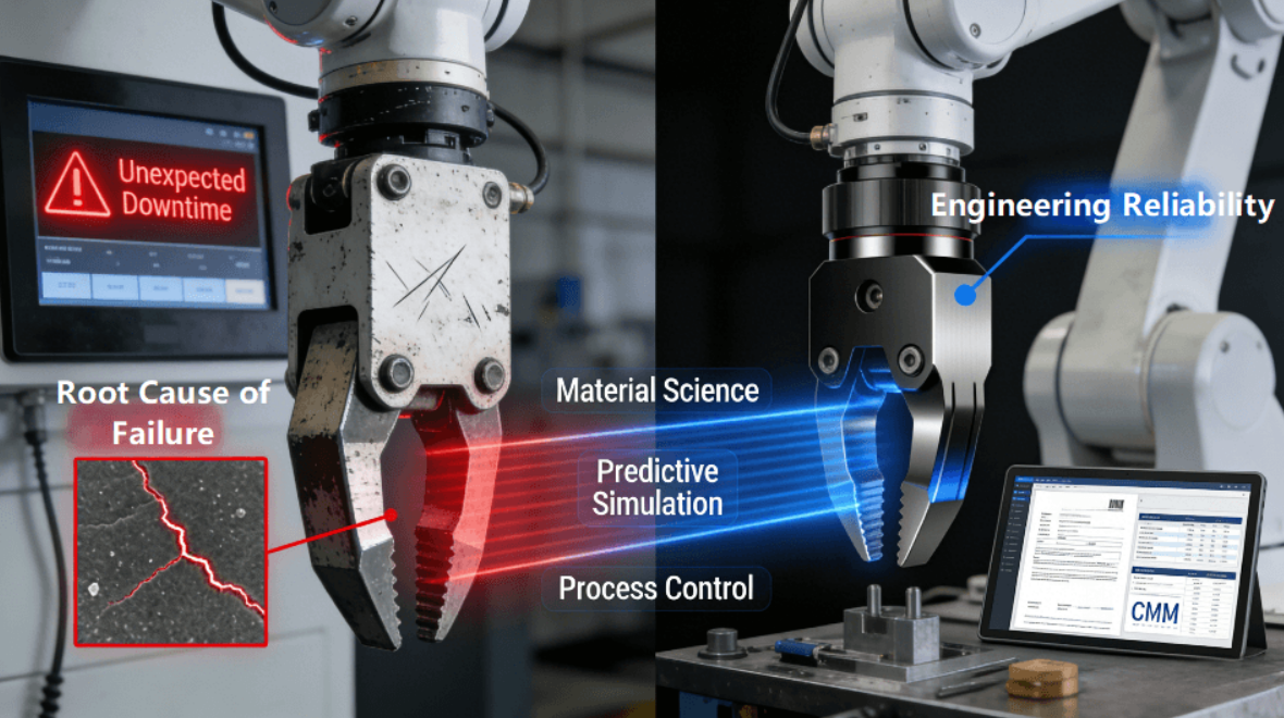A dramatic split-scene photo in an automated factory. On the left, a robot arm holds a worn, standard gripper jaw with a red beam highlighting a microscopic crack, next to a downtime alarm. On the right, the same arm holds a new, precision-machined jaw with a DLC coating, emitting a blue beam overlaid with keywords like Material Science and Process Control, symbolizing engineered reliability.